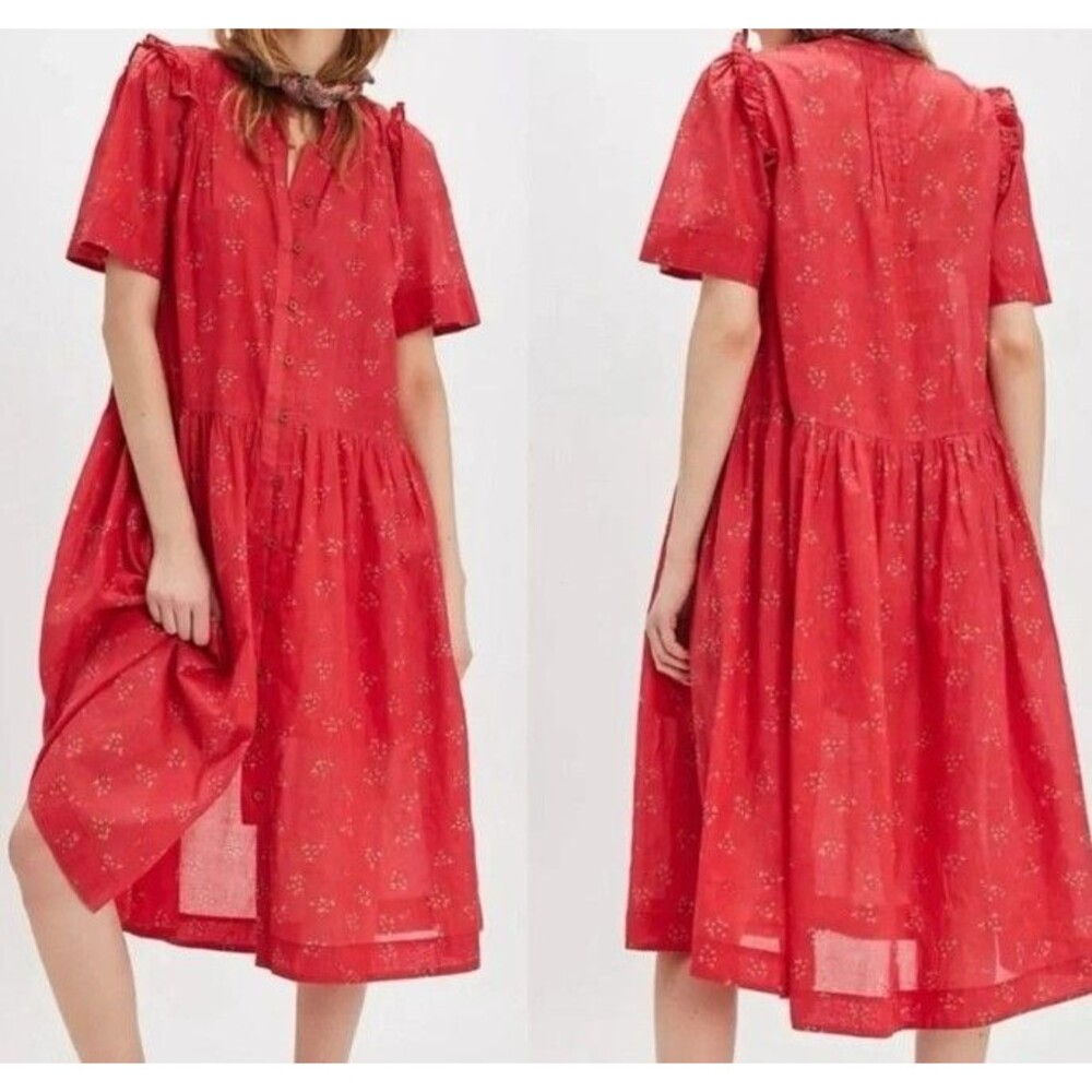 Free People Bella Mae Midi Dress Red Floral Short Sleeve Boho Size medium